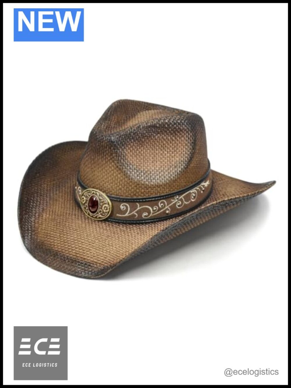 Distressed Straw Western Cowboy Hat Shapeable Brim Adjustable Hand-Stained